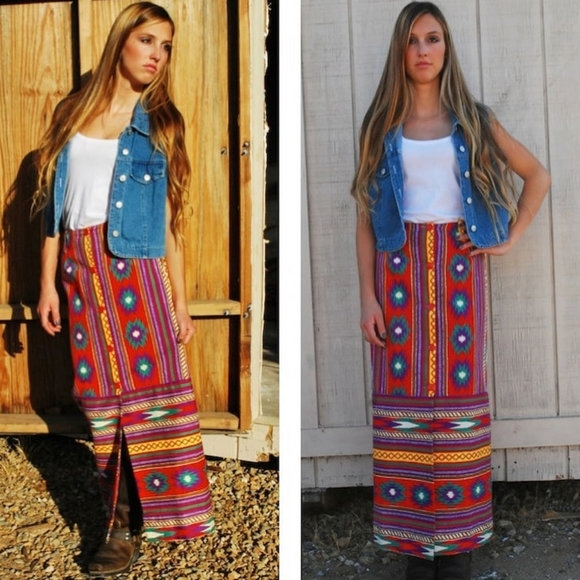 Vintage 1960s 1970s Southwestern Print Maxi Skirt High Rise Waisted Red Size XS - Picture 10 of 13